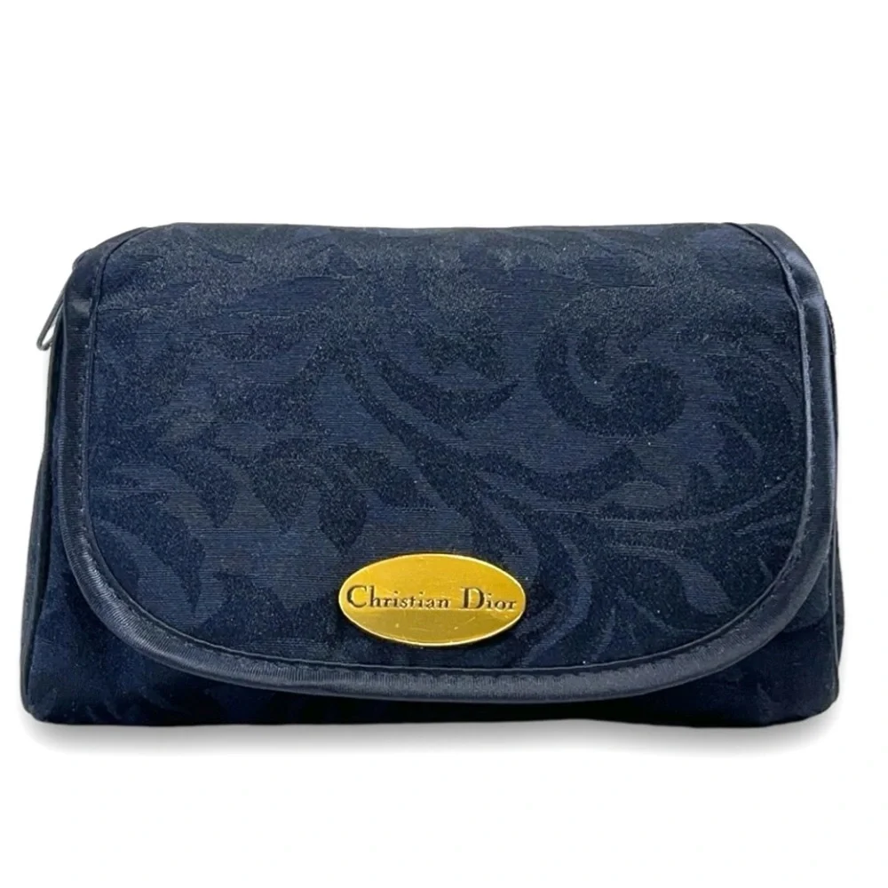 DIOR Midnight Blue Damask Cosmetic/Jewelry Bag Gold Tone Logo